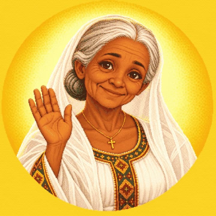 Emama Tsehay of Habeshi Kids waving, in pixel art